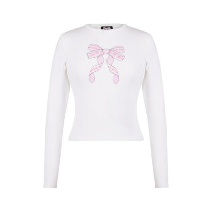 Bowknot pattern contrast crewneck long sleeve top