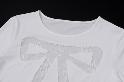Long sleeve bowknot pattern lace mesh patchwork crewneck top