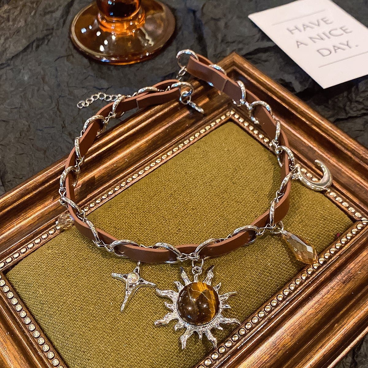Sun pendant PU leather choker necklace