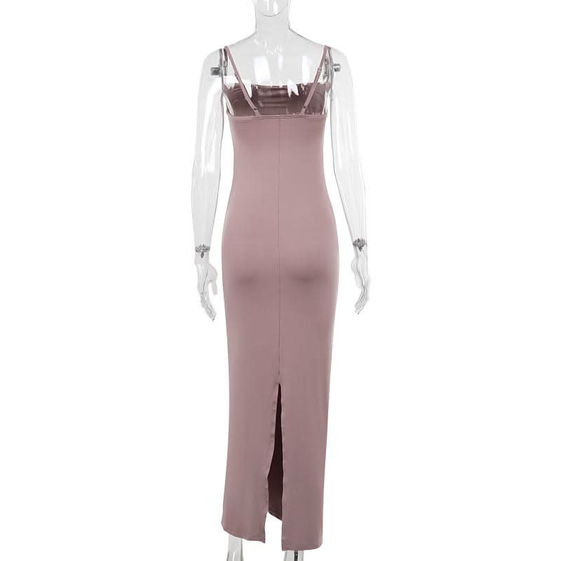 Ruched slit square neck solid cami maxi dress