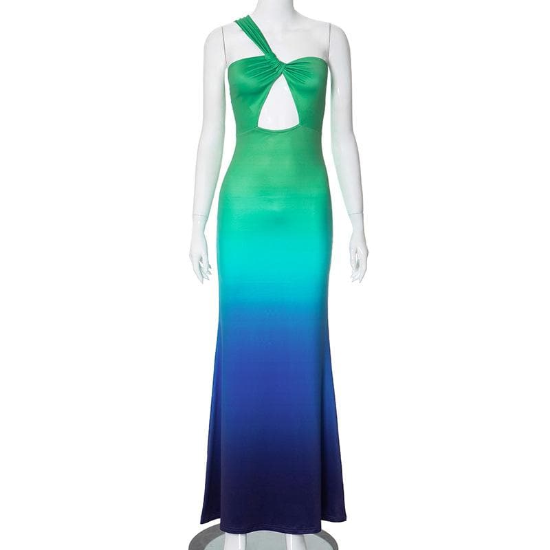 One shoulder gradient ruched cami maxi dress