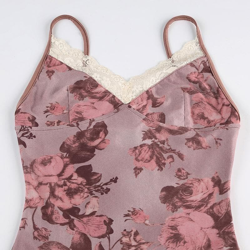 Lace hem slit v neck rose print cami mini dress
