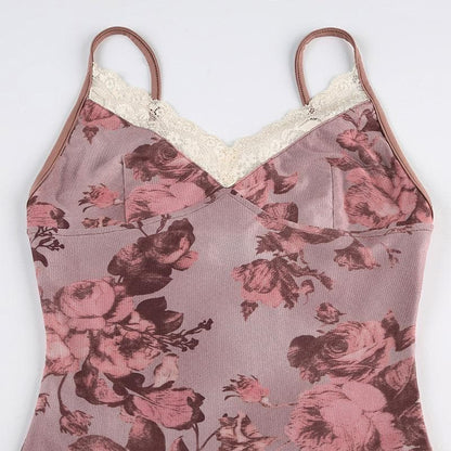 Lace hem slit v neck rose print cami mini dress