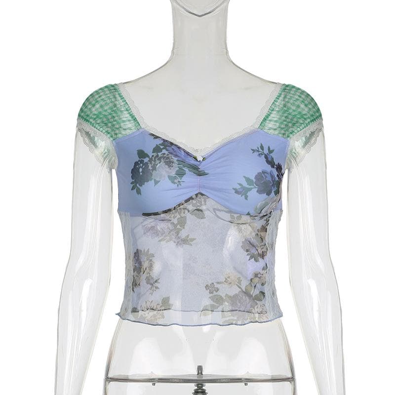 Cap shoulder lace hem contrast top