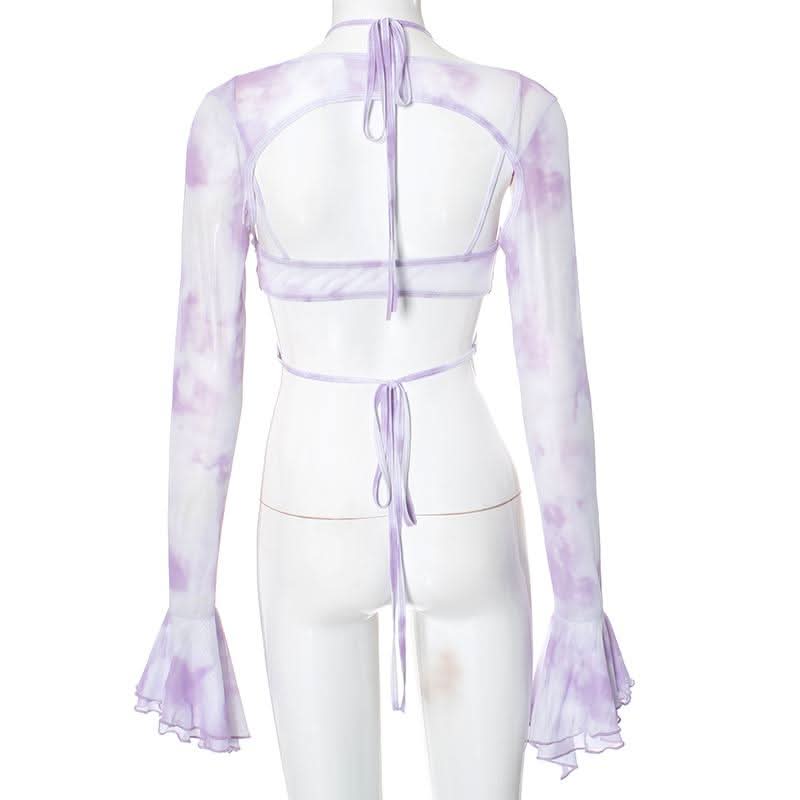 Long flared sleeve halter ruffle hollow out print cut out top