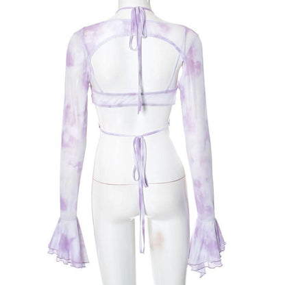 Long flared sleeve halter ruffle hollow out print cut out top