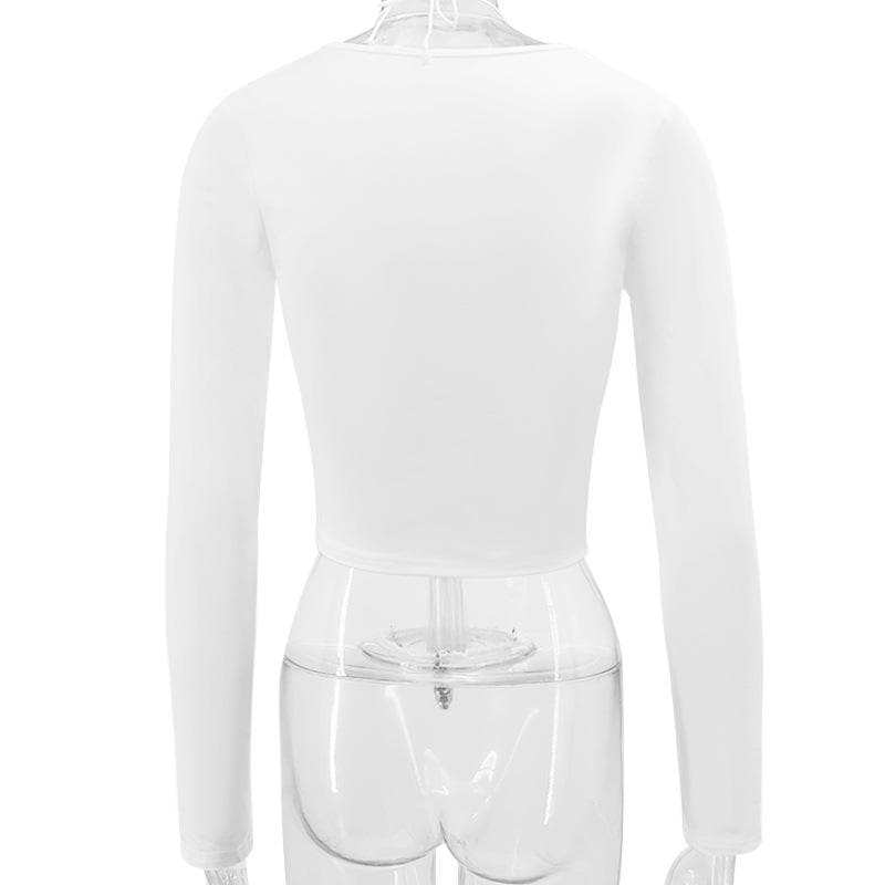 Hollow out solid long sleeve drawstring ruched off shoulder crop cut out top