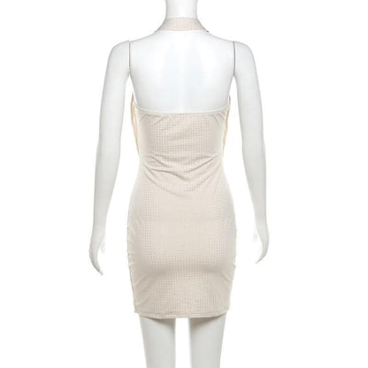 Halter cowl neck beaded low cut mini dress-final-sale