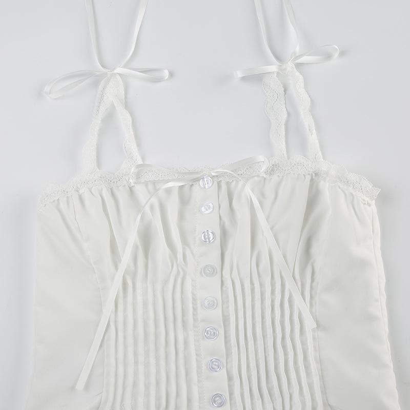 Ruched lace hem button bowknot ribbon cami top