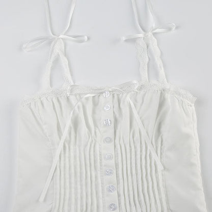 Ruched lace hem button bowknot ribbon cami top