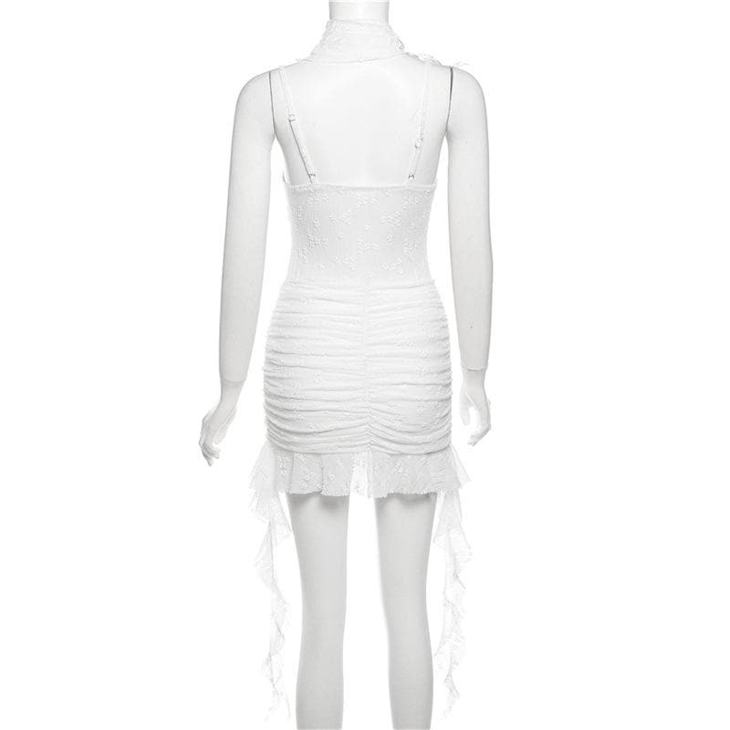 Ruched ruffle lace 2-way v neck cami mini dress