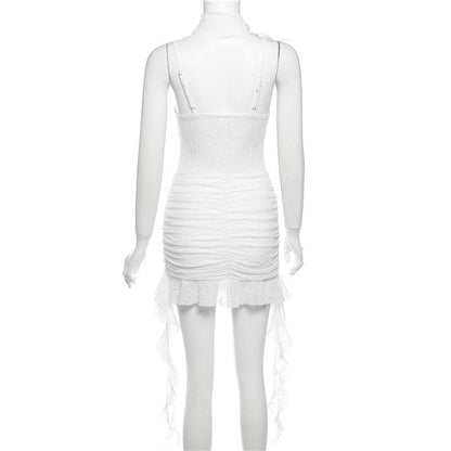 Ruched ruffle lace 2-way v neck cami mini dress
