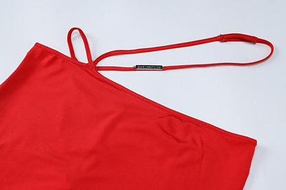 Hollow out metal tag halter self tie backless slit maxi skirt set-final-sale