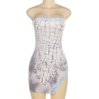Strapless Tube High Side Slit Geometric Scale Print Bodycon Mini Dress