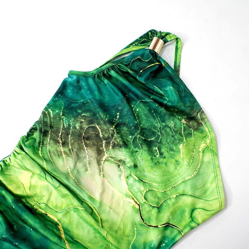 One shoulder print ruched maxi dress