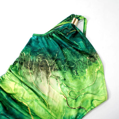 One shoulder print ruched maxi dress