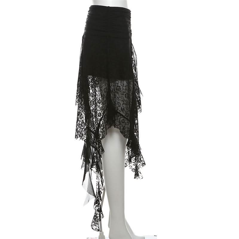 Lace mesh patchwork ruched ruffle midi skirt