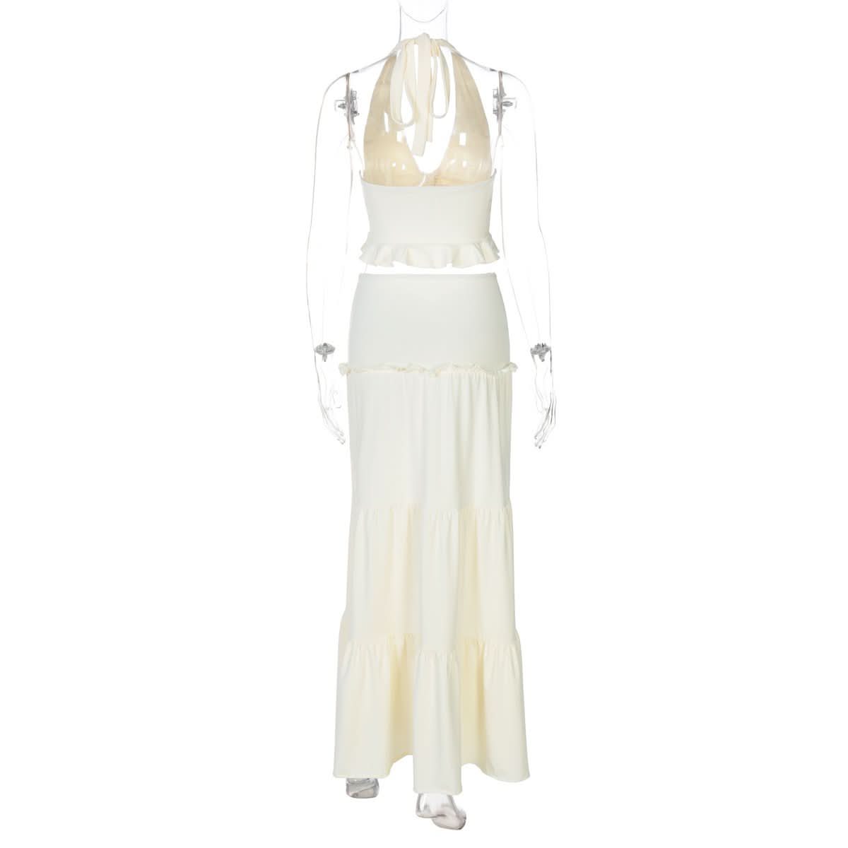 Halter v neck ruffle ruched maxi dress skirt set