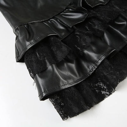 PU leather lace patchwork ruched mini skirt