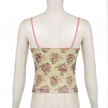 V neck lace flower print cami top