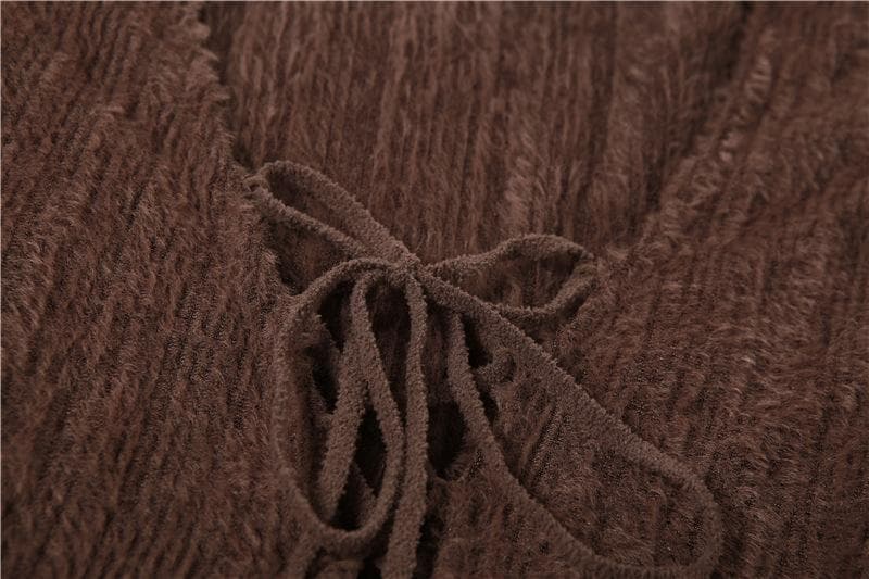 V-Neck Lace-Up Flared Bell Sleeve Fuzzy Knit Bodycon Mini Dress