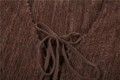 V-Neck Lace-Up Flared Bell Sleeve Fuzzy Knit Bodycon Mini Dress