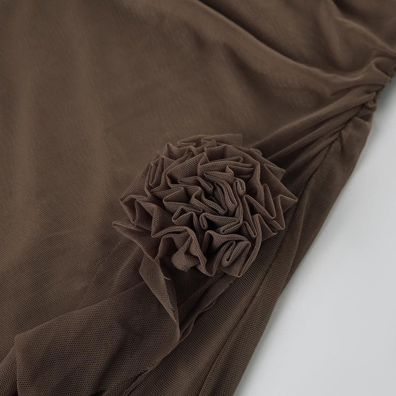 Halter mesh slit flower applique maxi dress