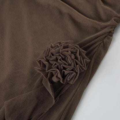 Halter mesh slit flower applique maxi dress