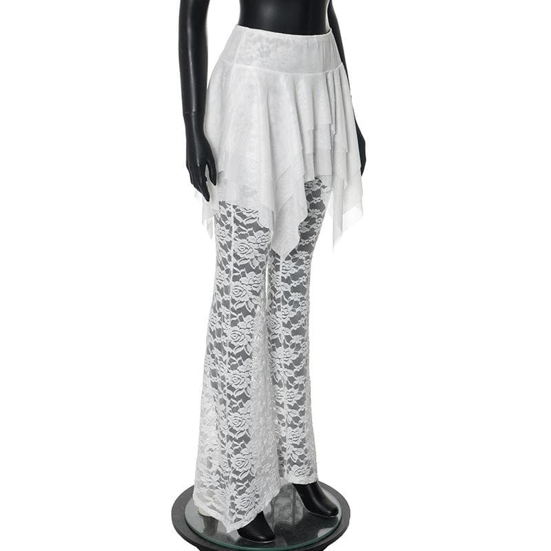 Ruched lace ruffle solid high rise pant