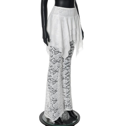 Ruched lace ruffle solid high rise pant