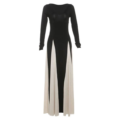 Long sleeve v neck contrast patchwork maxi dress