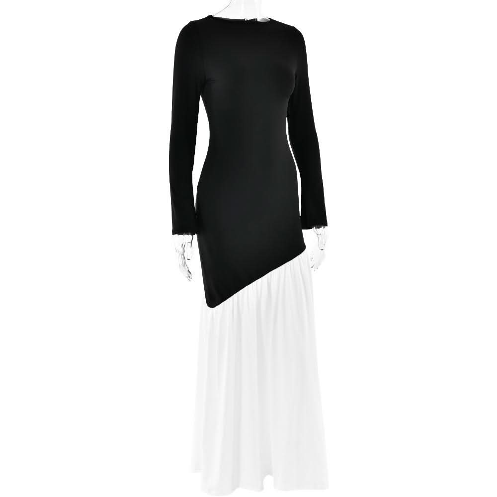 Long sleeve irregular crewneck ruched slit maxi dress