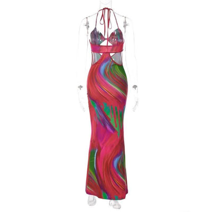 Contrast print halter hollow out knotted backless cut out maxi dress-final-sale