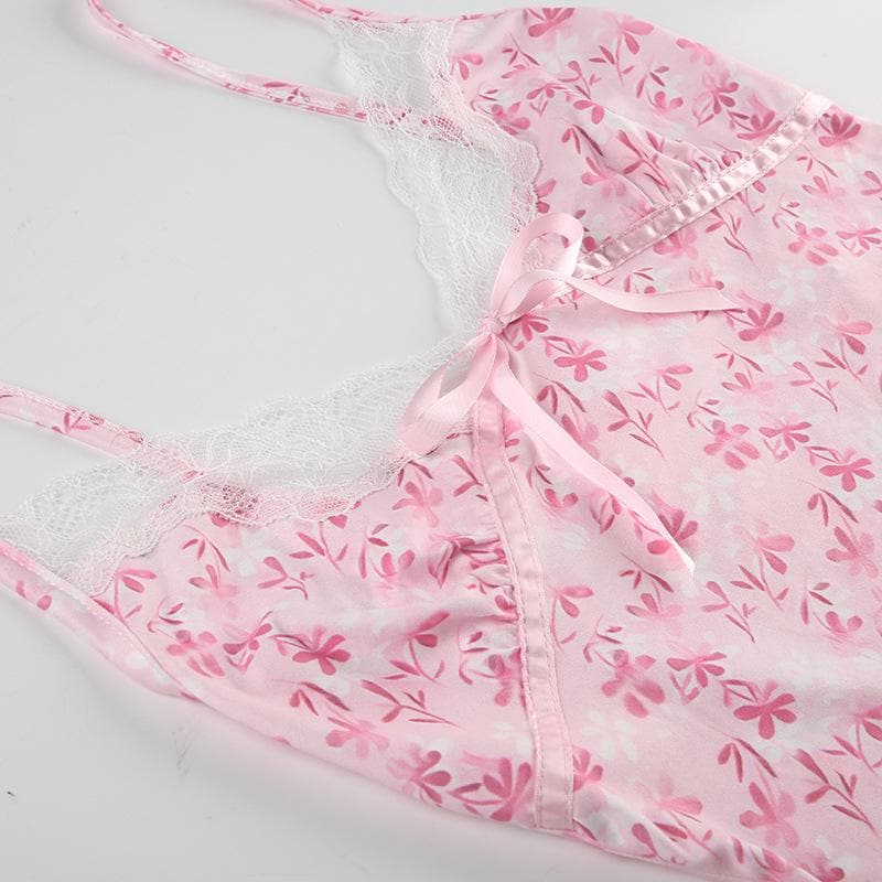V neck bowknot lace hem ruffle print cami top