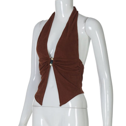 Halter deep V neck beaded ruched slit top