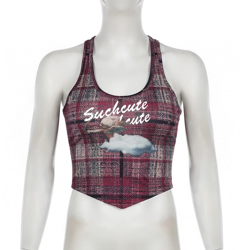 U neck plaid print tank top