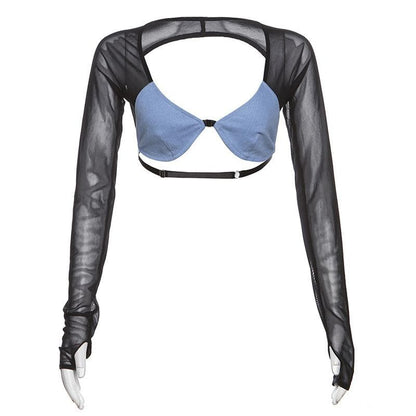 Mesh patchwork contrast long sleeve gloves low cut backless crop top