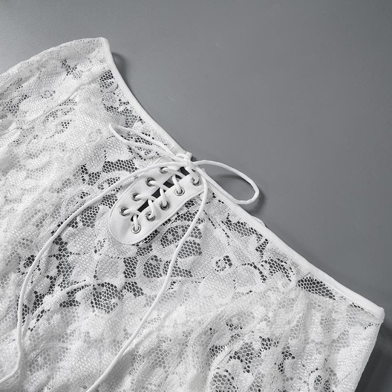 Long flared sleeve lace up lace see through mini dress