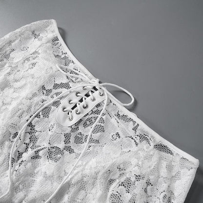 Long flared sleeve lace up lace see through mini dress
