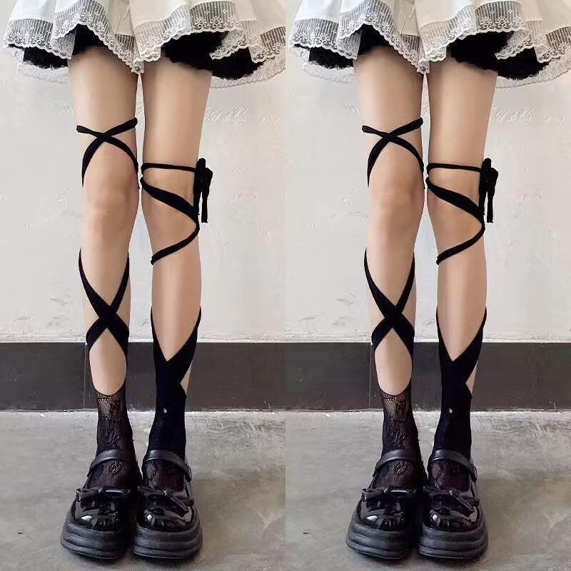 Self tie irregular lace thigh high socks