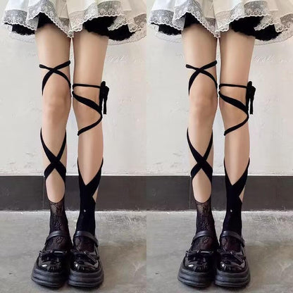 Self tie irregular lace thigh high socks