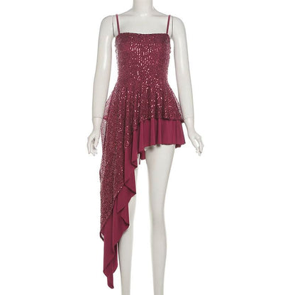 Square neck glitter irregular cami mini dress