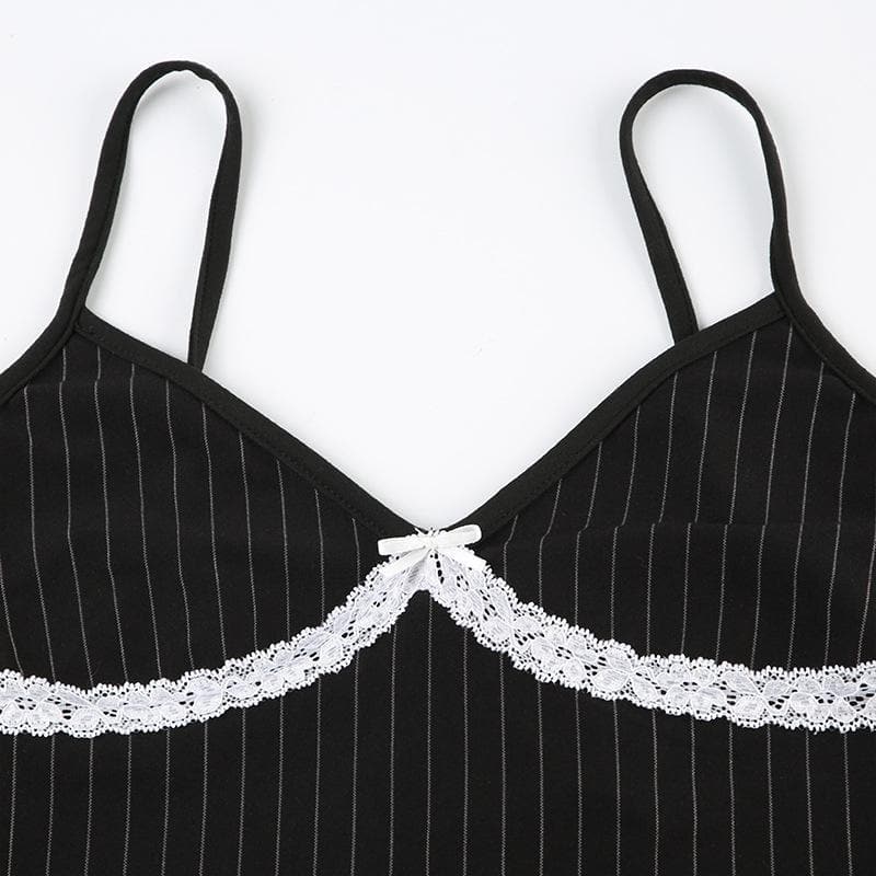 Bowknot lace hem striped v neck cami top