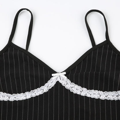 Bowknot lace hem striped v neck cami top