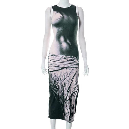 Crew Neck Contrast Graphic Print Side Slit Bodycon Maxi Dress