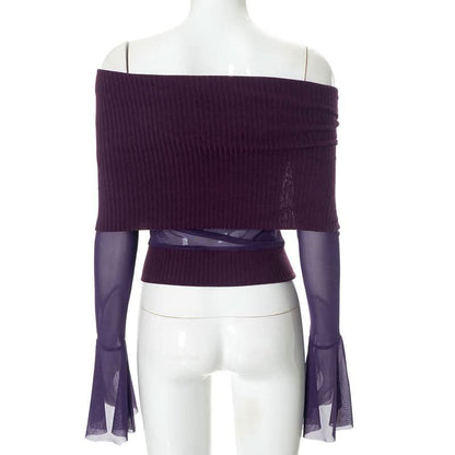 Long flared sleeve irregular mesh patchwork print top