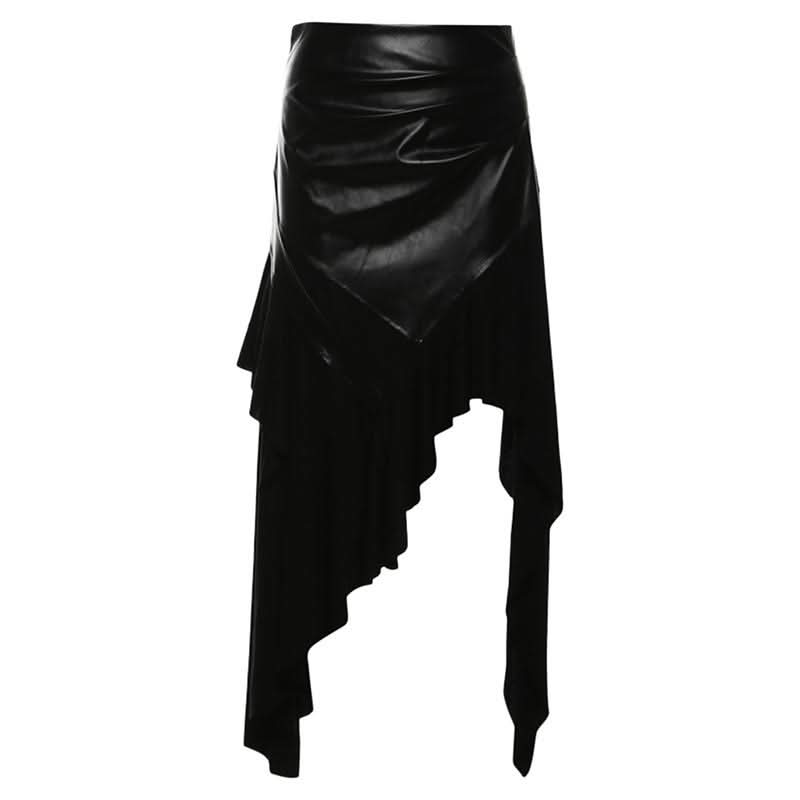 PU leather patchwork irregular midi skirt