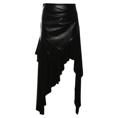 PU leather patchwork irregular midi skirt