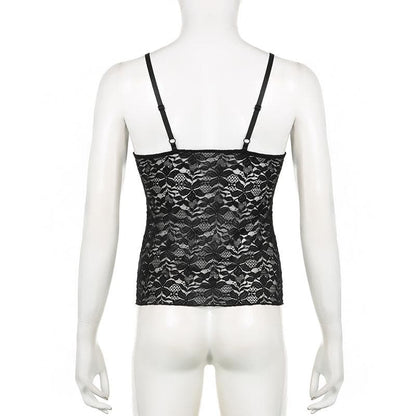 Lace see through solid v neck cami top