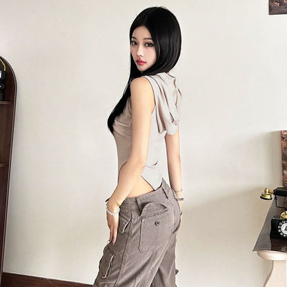 Hoodie sleeveless cross front hollow out bodysuit